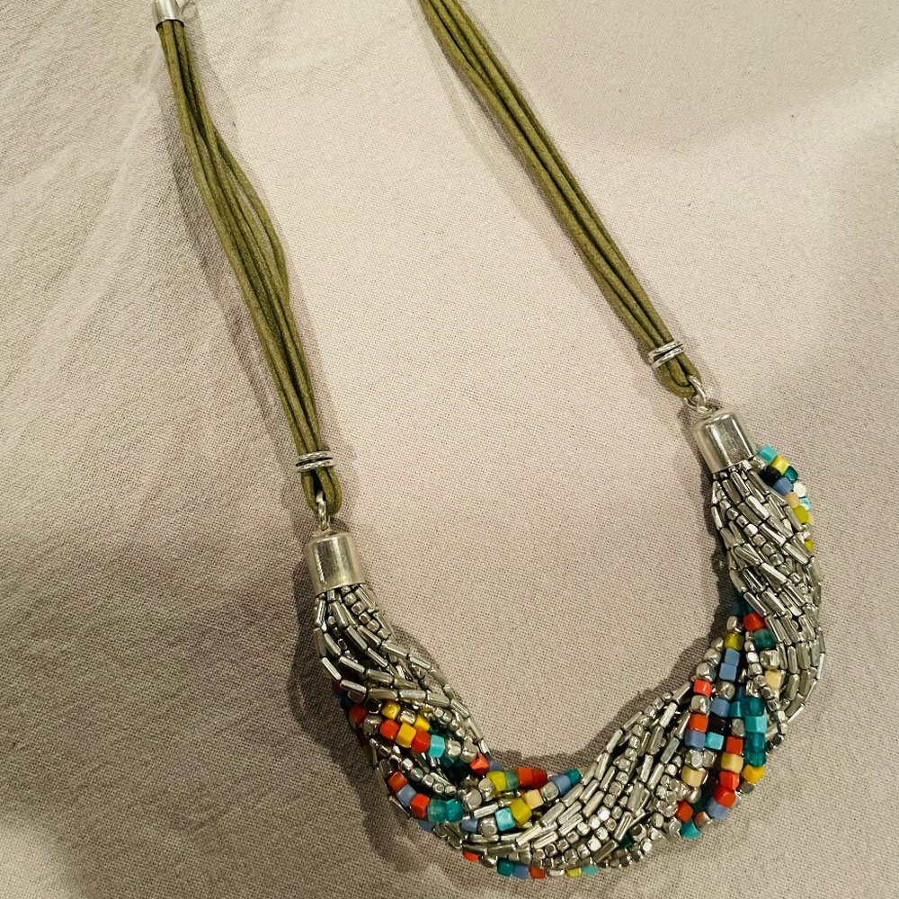Green suede silver bead necklace